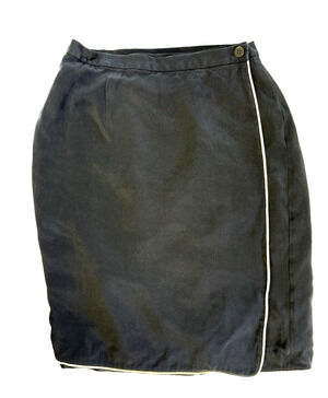 Vtg 80's Patrick Collection Silk Wrap Skirt 8 Navy blue white piping Dark Academ